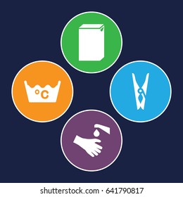 Washing icons set. set of 4 washing filled icons such as cloth pin