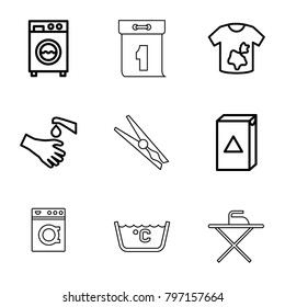 Washing icons. set of 9 editable outline washing icons such as dirty laundry, cloth pin, ironing table