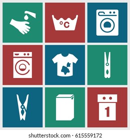 Washing icons set. set of 9 washing filled icons such as cloth pin, dirty laundry