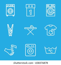Washing icons set. set of 9 washing outline icons such as cloth pin, ironing table, dirty laundry