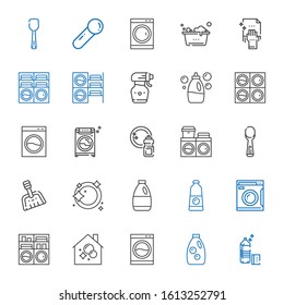 washing icons set. Collection of washing with detergent, washing machine, housekeeping, dishwashing, dustpan, scoop, spray bottle, cleaning. Editable and scalable icons.