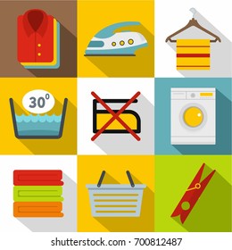 Washing icons set. Flat set of 9 washing vector icons for web with long shadow