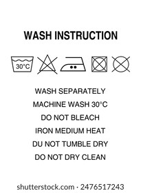 Washing instruction tag for fabric,  Laundry white labels. Textile care instructions tags, cotton clothes washing, drying or bleaching, water temperature and material information vector illustration.