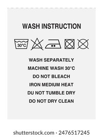 Washing instruction tag for fabric,  Laundry white labels. Textile care instructions tags, cotton clothes washing, drying or bleaching, water temperature and material information vector illustration.