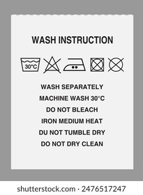 Washing instruction tag for fabric,  Laundry white labels. Textile care instructions tags, cotton clothes washing, drying or bleaching, water temperature and material information vector illustration.