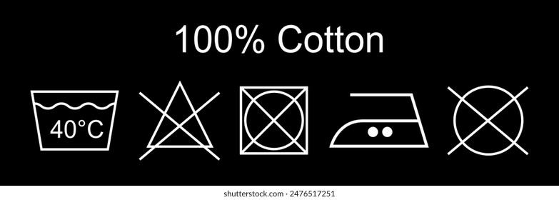 Washing instruction tag for fabric,  Laundry white labels. Textile care instructions tags, cotton clothes washing, drying or bleaching, water temperature and material information vector illustration.