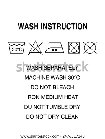 Washing instruction tag for fabric,  Laundry white labels. Textile care instructions tags, cotton clothes washing, drying or bleaching, water temperature and material information vector illustration.
