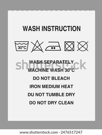 Washing instruction tag for fabric,  Laundry white labels. Textile care instructions tags, cotton clothes washing, drying or bleaching, water temperature and material information vector illustration.