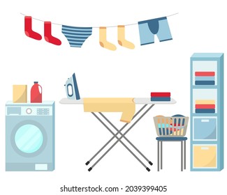 Washing and ironing clothes vector set. Laundry items, clothing and textile care. Collection of washing machine, ironing board and iron, washing powder, wardrobe and things. Flat illustration.