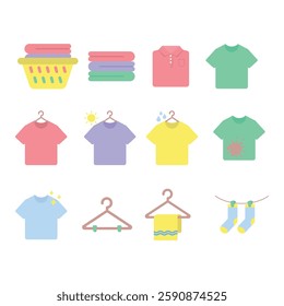 Washing and laundry flat icons set
