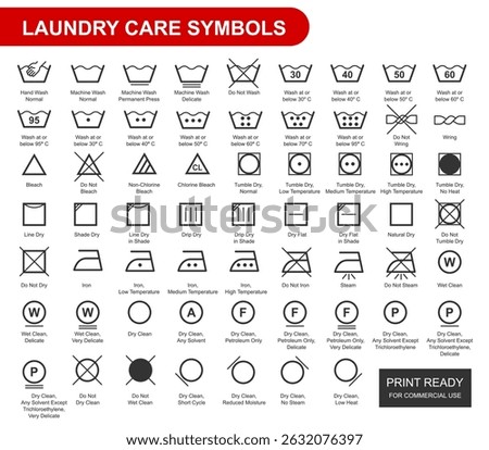 Washing and laundry guide symbols set. Laundry care icons collection. eps icons for print, commercial use, product, textile industry, t-shirt, fabric etc.