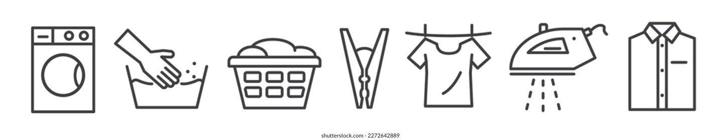 Washing laundry thin line icons collection. Washing machine, peg out washing and ironing. Clean clothes.  Editable Vector illustration concept isolated on white background for web and print