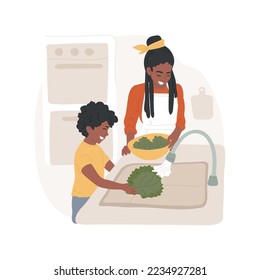 Washing leafy greens isolated cartoon vector illustration. Washing greens in a sink, child holding leaf under running water, family cooking, preparing food at home, kid and mom vector cartoon.