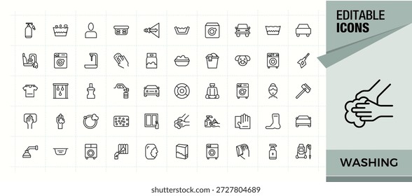 Conjunto de ícones de linha de lavagem. Ícones isolados. Conter símbolos lineares limpador, lavador, secador lavar, limpeza, limpar. Ilustração vetorial. Pixel perfeito. Conjunto de ícones do Washer.
