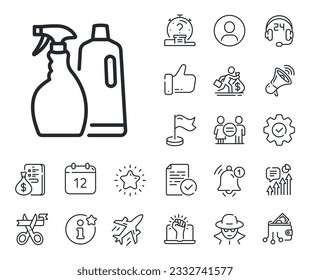 Symbol für Flüssigkeit oder Reinigungsmittel waschen. Salaryman, Gleichstellung der Geschlechter und Warnglocken umreißen Symbole. Reinigungsspray und Shampoo-Leitungssymbol. Unterkunftsgerät-Schild. Schild der Linie Shampoo und Spray. Vektorgrafik