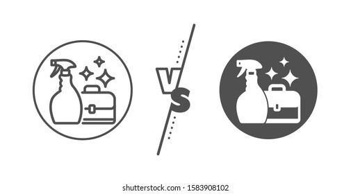 Washing liquid or Cleanser symbol. Versus concept. Cleaning spray line icon. Housekeeping service sign. Line vs classic cleanser spray icon. Vector