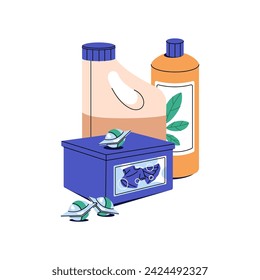 Botellas de polvo líquido de lavado. Gel de lavandería orgánico, suavizante de tela de sabor. Caja de cápsulas de detergente. Productos de limpieza para el hogar, limpiadores. Ilustración aislada plana del vector sobre fondo blanco