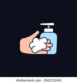 Washing with liquid soap RGB color icon for dark theme. Minimize germs transfer risk. Antimicrobial cleanser. Isolated vector illustration on night mode background. Simple filled line drawing on black