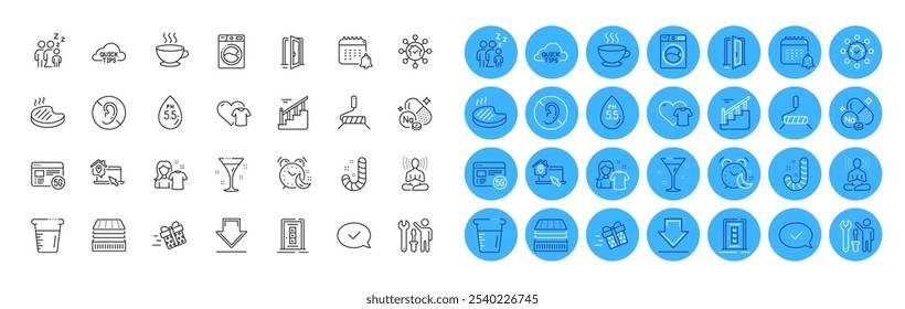 Washing machine, 5g internet and Grilled steak line icons pack. Sodium mineral, Stairs, Paint roller web icon. Alarm, Open door, Sleep pictogram. Present delivery, Repairman, Quick tips. Vector