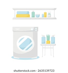 Washing machine with accessories. Vector. Icon. Sticker. Sign. Flat. Isolated objects. Blue, yellow, green and white colors. Interior. House. Design. Decor. Lifestyle. Clean. Hygiene. Fresh.