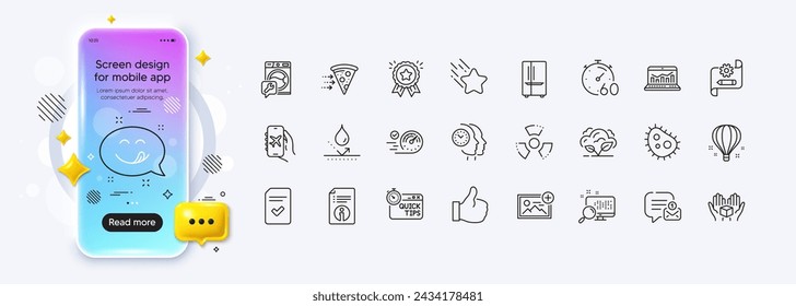 Washing machine, Add photo and Checked file line icons for web app. Phone mockup gradient screen. Pack of Chemical hazard, Search, Bacteria pictogram icons. Vector