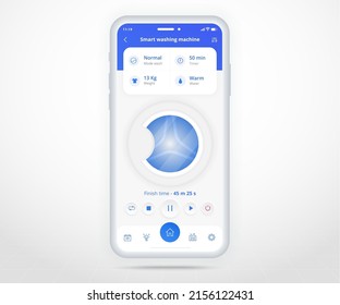 Waschmaschinenapp, Smarthome-Waschanlage kontrollierte App UX UI, IOT Internet der Dinger-Technologie, Digitale Zukunftstechnik, Smartphones, Waschmaschine, Vektorgrafik