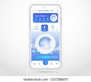 Washing machine app, smart home wash controlled app UX UI, IOT Internet of things technology, Digital future home automation tech, smart devices application phone, washer laundry, vector illustration
