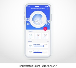 Washing machine app, smart home wash controlled UX UI, IOT Internet of things technology, Digital future home automation tech, smart device application phone, dryer washer laundry, vector illustration
