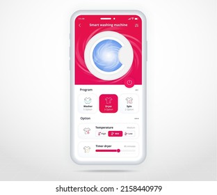 Waschmaschinenapp, Smarthome-Waschanlage kontrollierte App UX UI, IOT Internet der Dinger-Technologie, Digitale Zukunftstechnik, Smartphones, Waschmaschine, Vektorgrafik