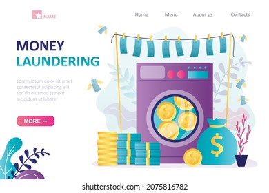 Washing machine with banknotes and golden coins. Legalization of funds. Money laundering, landing page template. Financial crime. Stop corruption. Hiding true source of income. Vector illustration