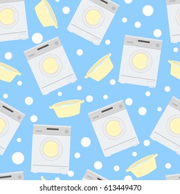 Washing machine and basin with water on a blue background. Seamless pattern.