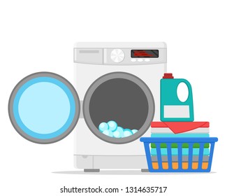 Washing machine and basket with clean linen on a white.
