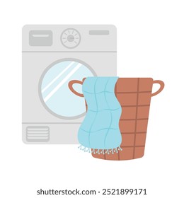 Lavadora, cesta para la ropa sucia. Ilustración vectorial de la cesta con la toalla sucia y la lavadora en el fondo blanco