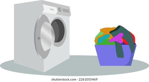 Lavadora con canasta. Ilustración vectorial de estilo plano, Lavadora y ilustración de la cesta de lavado Washer con ilustración de contorno de ropa sucia.