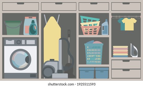 Washing machine, baskets and box organization in closet. Storeroom with boxes, vacuum cleaner and iron.