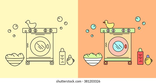 Washing machine, bath, silhouette, symbol, line, icon . Vector illustration