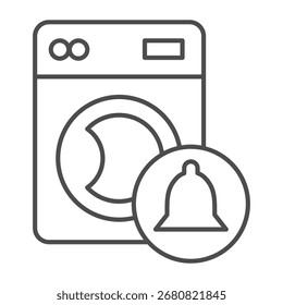 Máquina de lavar e sino ícone de linha fina emblema, conceito de lavagem. Gráficos vetoriais. Wash agendamento, sinal de notificação no fundo branco, ícone de estilo de estrutura de tópicos para design móvel ou web