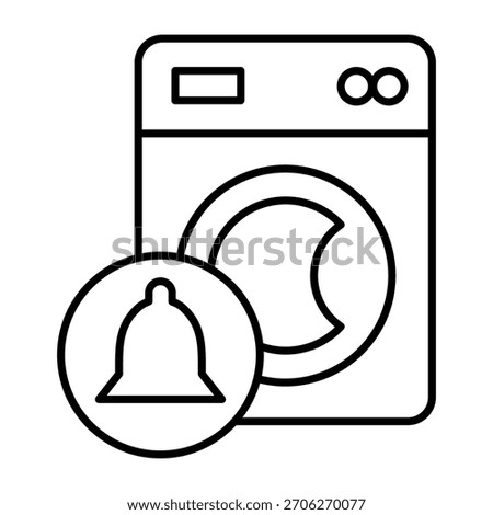Washing machine and bell badge thin line icon, washing concept. Vector graphics. Wash scheduling, notification sign on white background, outline style icon for mobile or web design