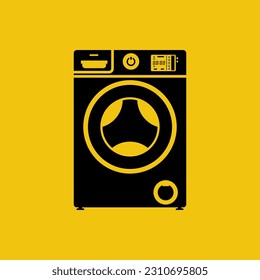 Washing machine black icon. Electronic laundry equipment. Housekeeping concept. Household chores. Vector illustration flat design. Isolated on white background.
