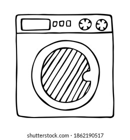 Washing machine, black outline isolated on white background. Household appliance. Hand drawn doodle sketch. Vector element for home cleaning tools, laundry, domestic chores illustration.
