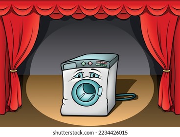Washing Machine with Blue Eyes - Colored Cartoon Illustration with Background, Vector