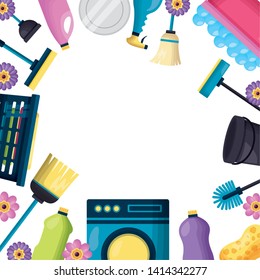 washing machine broom mop liquid product spring cleaning tools vector illustration