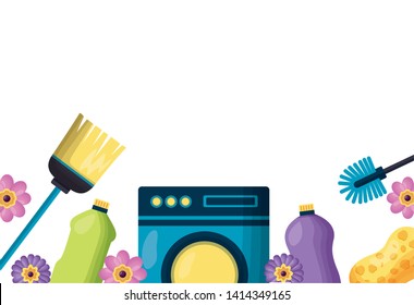 washing machine broom mop liquid product spring cleaning tools vector illustration