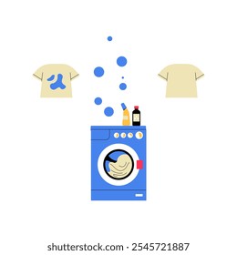 Washing Machine With Bubbles And Detergent Bottles In Flat Vector Illustration Symbolizing Laundry, Cleaning, And Household Tasks, Isolated On White Background