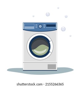 Washing machine with bubbles. Flat style vector 