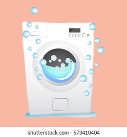 washing machine with bubbles in flat style. isolated on pink background. modern vector illustration. cartoon. Home appliance