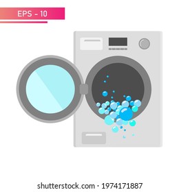 Washing machine with bubbles, opened the door while washing. Realistic design. On a white background. Flat vector illustration.