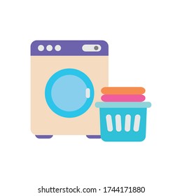 washing machine and bucket with clean folded clothes icon over white background, flat style, vector illustration