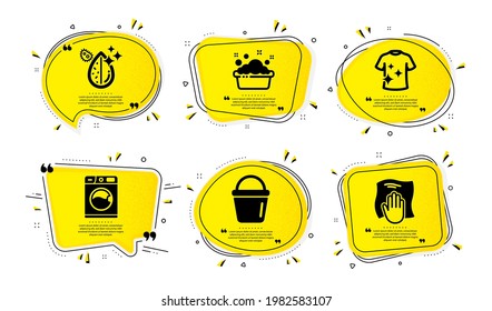 Washing Machine, Bucket And Hand Washing Icons Simple Set. Yellow Speech Bubbles With Dotwork Effect. Clean T-shirt, Dirty Water Signs. Laundry Service, Laundry Basin, Aqua Drop. Vector