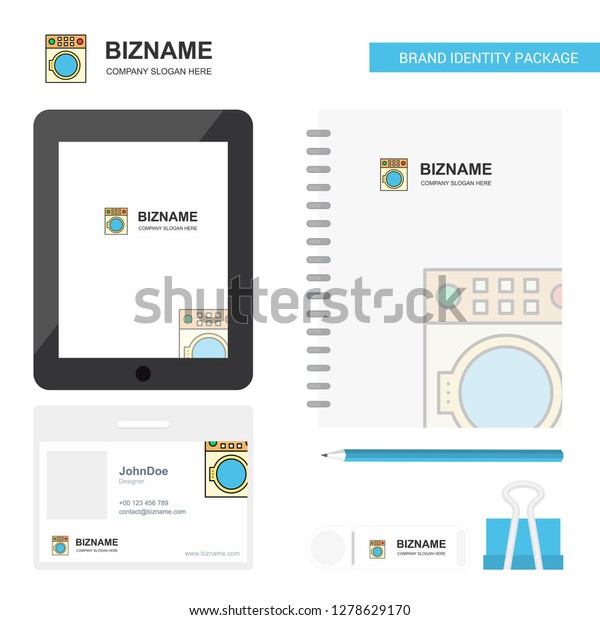 Washing\
machine Business Logo, Tab App, Diary PVC Employee Card and USB\
Brand Stationary Package Design Vector\
Template